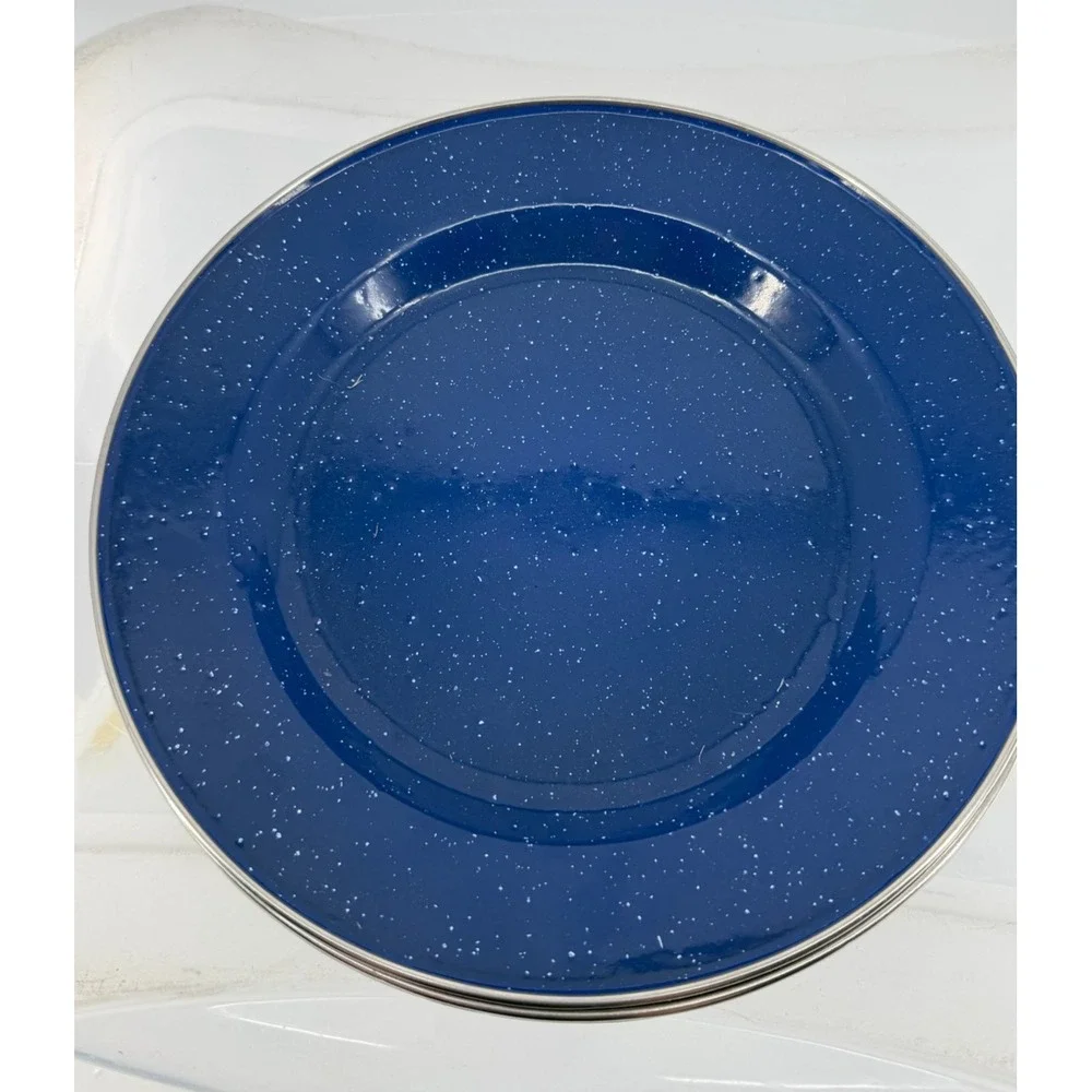 Vintage Blue Enamelware Dinner Plates White Speckled Silver Rim Camping Set of 4